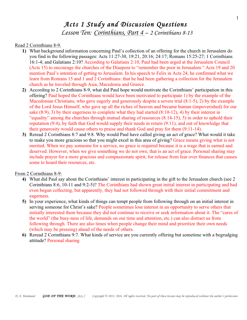 Acts 1 Study and Discussion Questions Lesson Ten: Corinthians, Part 4 – 2 Corinthians 8-13