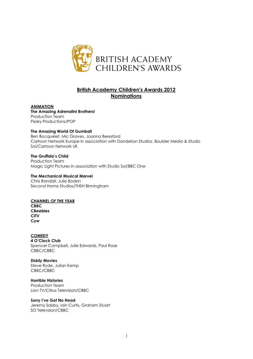 British Academy Children's Awards 2012 Nominations