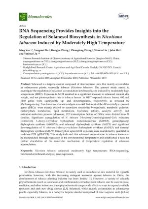 RNA Sequencing Provides Insights Into the Regulation of Solanesol Biosynthesis in Nicotiana Tabacum Induced by Moderately High Temperature