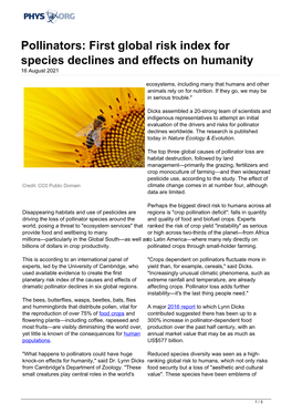 Pollinators: First Global Risk Index for Species Declines and Effects on Humanity 16 August 2021