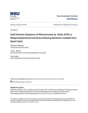 Draft Genome Sequence of Nitrosomonas Sp. Strain APG5, a Betaproteobacterial Ammonia-Oxidizing Bacterium Isolated from Beach Sand