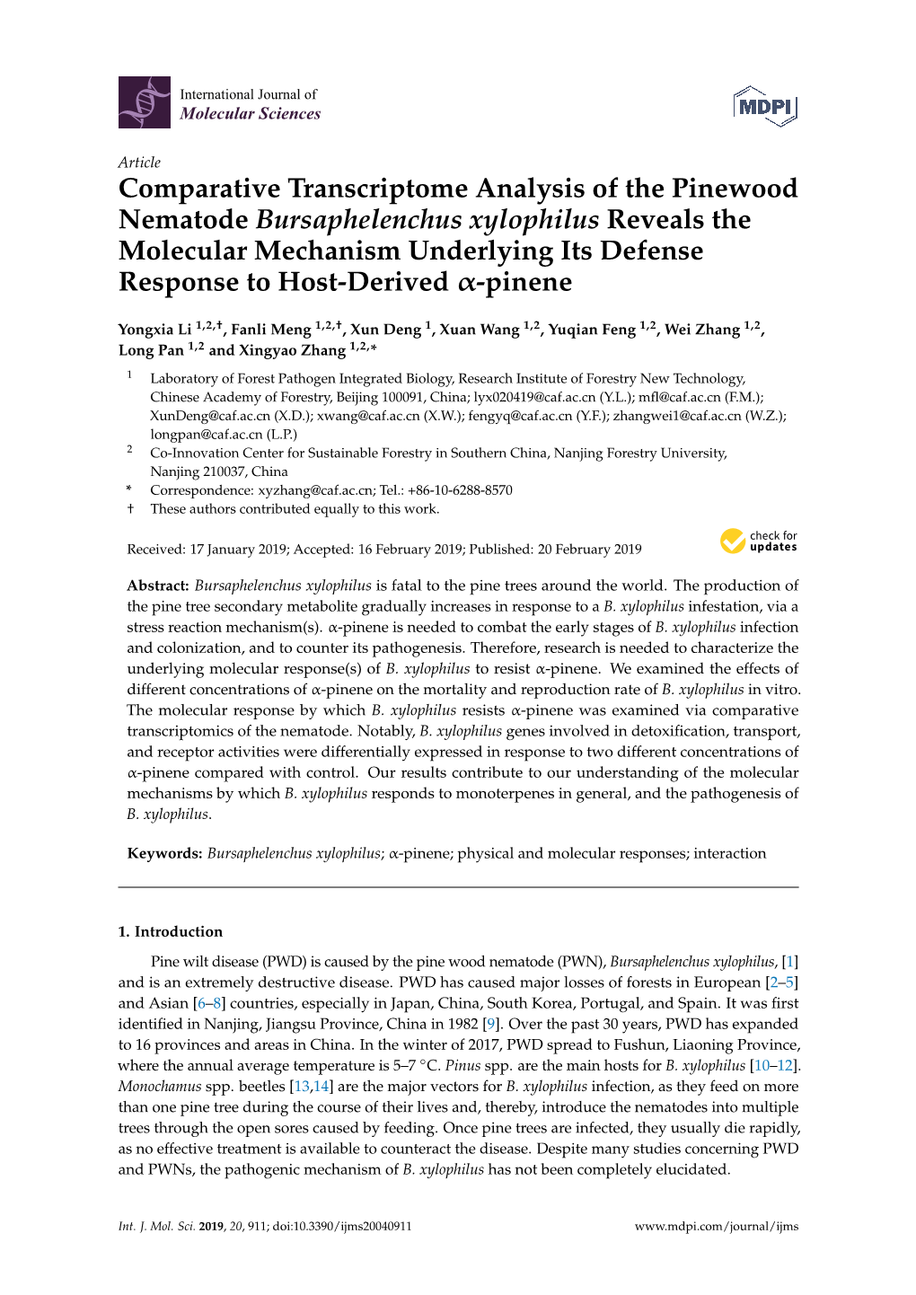 Comparative Transcriptome Analysis of the Pinewood Nematode