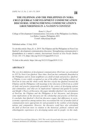 The Filipinos and the Philippines in Nora Cruz Quebral’S Development Communication Discourse: Strengthening Communication’S Groundedness in a Nation’S Context