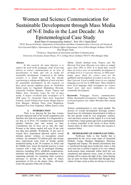 Women and Science Communication for Sustainable Development Through Mass Media of NE India in the Last Decade