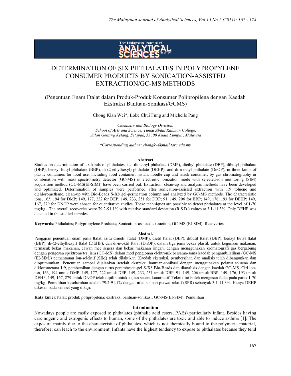 Determination of Six Phthalates in Polypropylene Consumer Products by Sonication-Assisted Extraction/Gc-Ms Methods