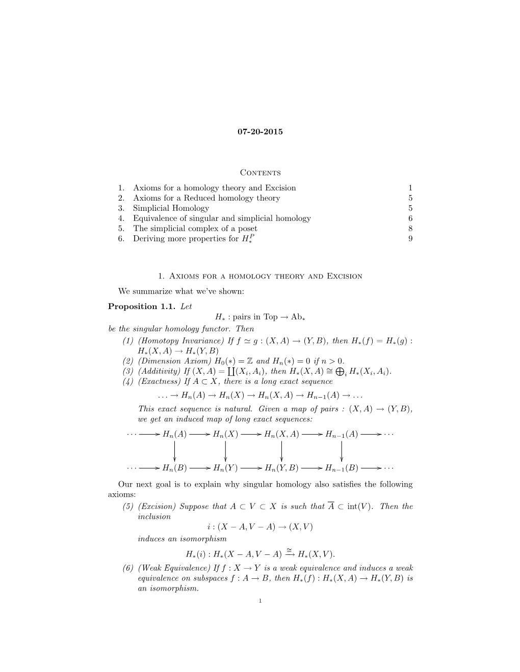 07-20-2015 Contents 1. Axioms for a Homology Theory and Excision 1 2