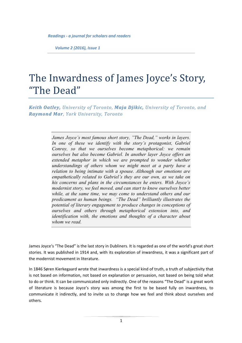 The Inwardness of James Joyce's Story, “The Dead”