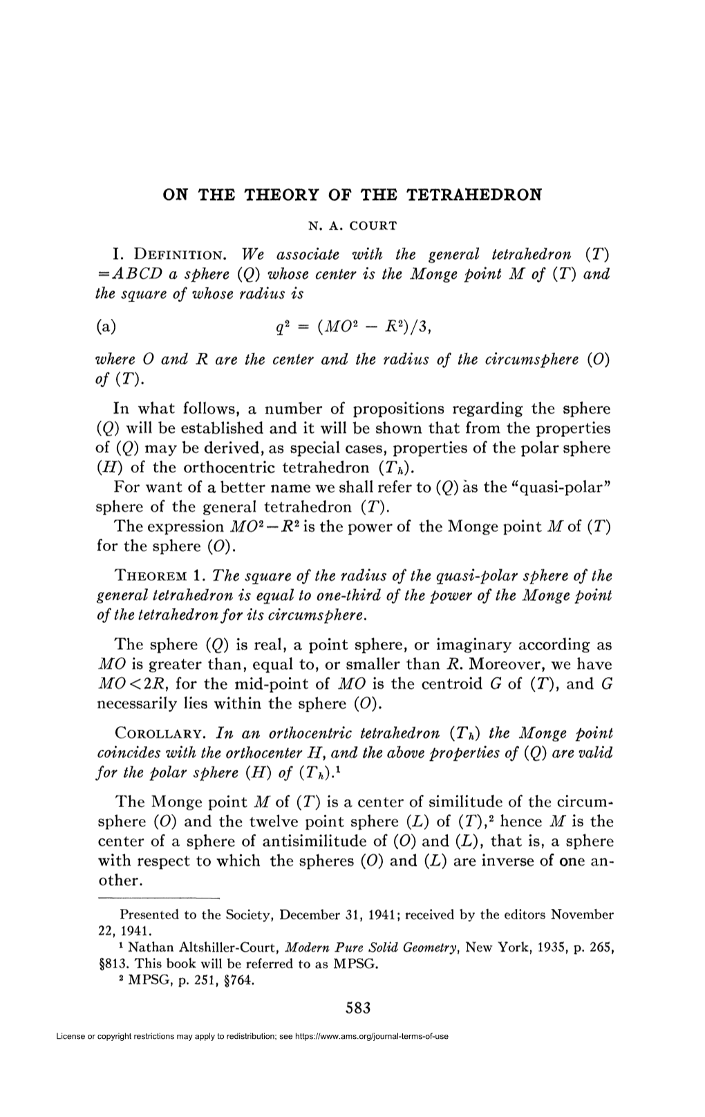 (T) — ABCD a Sphere (Q) Whose Center Is the Monge P