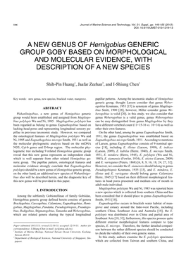A NEW GENUS of Hemigobius GENERIC GROUP GOBY BASED on MORPHOLOGICAL and MOLECULAR EVIDENCE, with DESCRIPTION of a NEW SPECIES