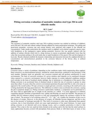 Pitting Corrosion Evaluation of Austenitic Stainless Steel Type 304 in Acid Chloride Media