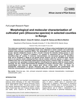 Dioscorea Species) in Selected Counties in Kenya