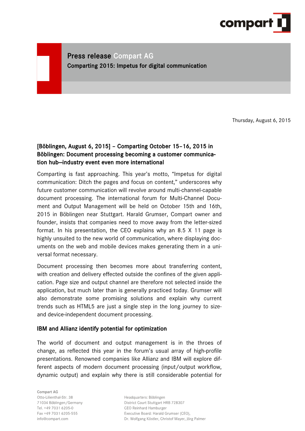 Press Release Compart AG Comparting 2015: Impetus for Digital Communication