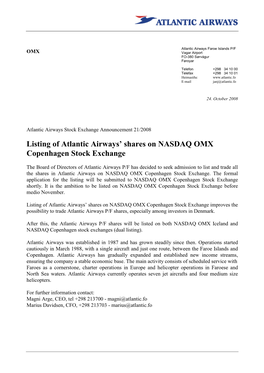 Listing of Atlantic Airways' Shares on NASDAQ OMX Copenhagen Stock