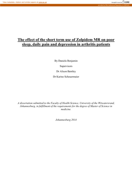 The Effect of the Short Term Use of Zolpidem MR on Poor Sleep, Daily Pain and Depression in Arthritis Patients