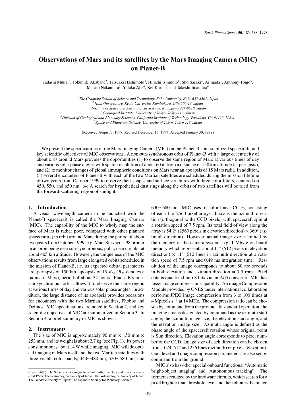 Observations of Mars and Its Satellites by the Mars Imaging Camera (MIC) on Planet-B