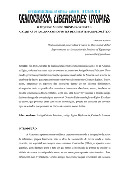 O Pequeno Mundo Próximo-Oriental: As Cartas De Amarna Como Fontes De Um Sistema Diplomático