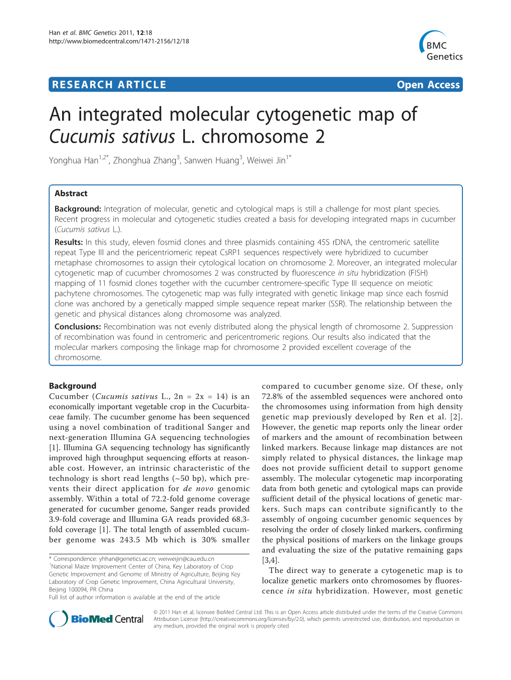 An Integrated Molecular Cytogenetic Map of Cucumis Sativus L