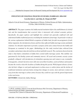 INFLUENCE of COLONIAL POLICIES on ISUKHA MARRIAGE, 1894-1945 Leen Kavulavu1, and John, K