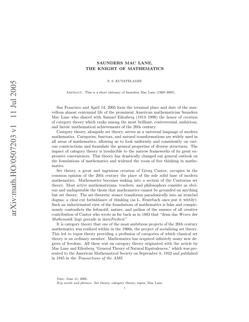 Arxiv:Math.HO/0507203 V1 11 Jul 2005