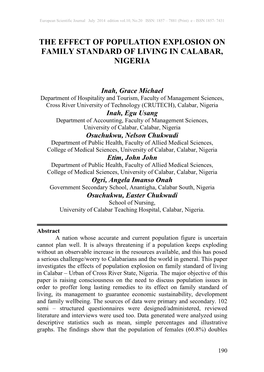 The Effect of Population Explosion on Family Standard of Living in Calabar, Nigeria