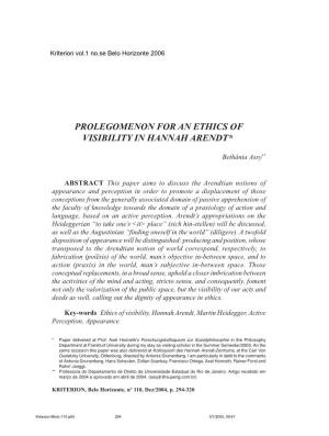Kriterion Miolo 110.P65 3/1/2005, 09:47294 PROLEGOMENON for an ETHICS of VISIBILITY in HANNAH ARENDT 295
