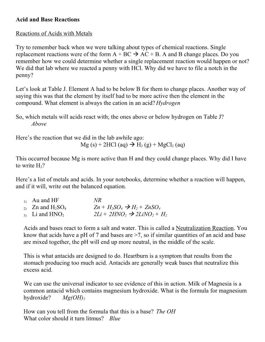 Acid and Base Reactions