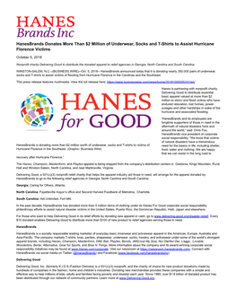 Hanesbrands Donates More Than $2 Million of Underwear, Socks and T-Shirts to Assist Hurricane Florence Victims