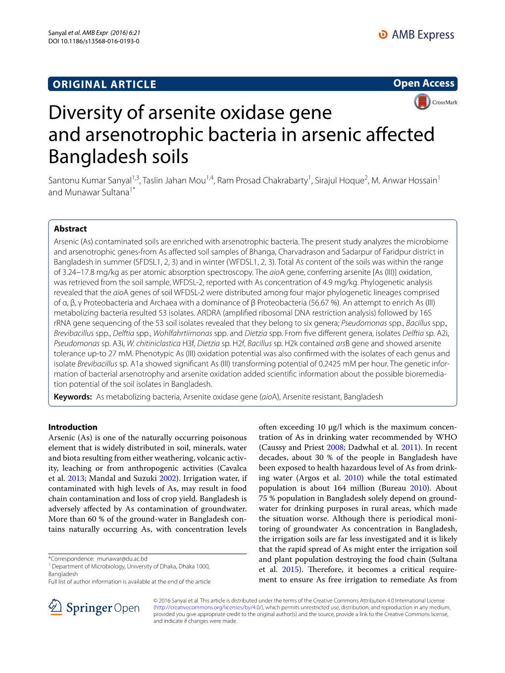 Diversity of Arsenite Oxidase Gene and Arsenotrophic Bacteria in Arsenic