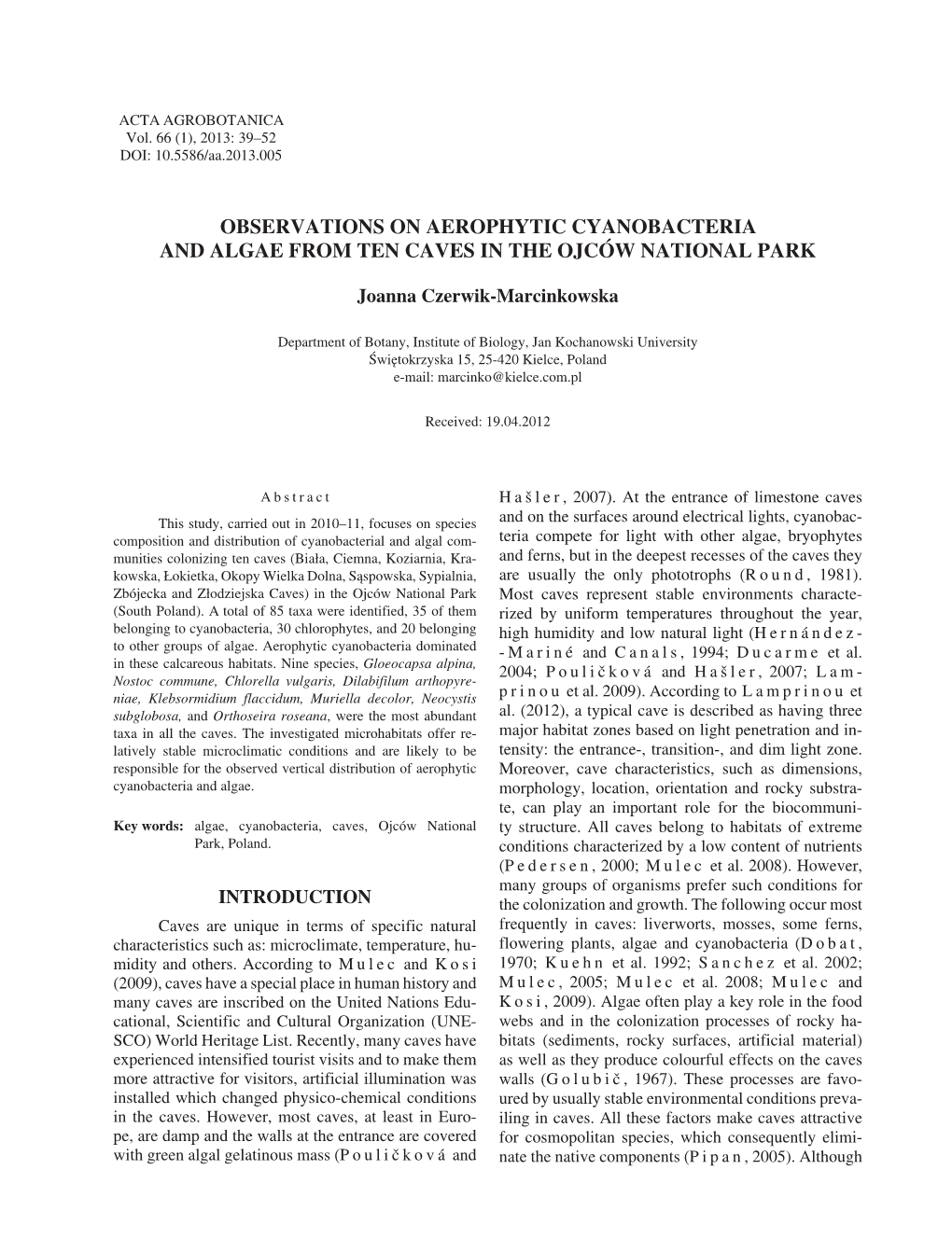 Observations on Aerophytic Cyanobacteria and Algae from Ten Caves in the Ojców National Park