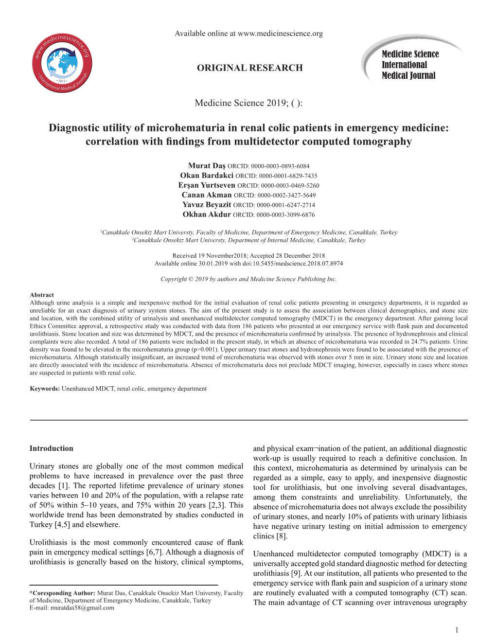 Diagnostic Utility of Microhematuria in Renal Colic Patients in Emergency Medicine: Correlation with Findings from Multidetector Computed Tomography