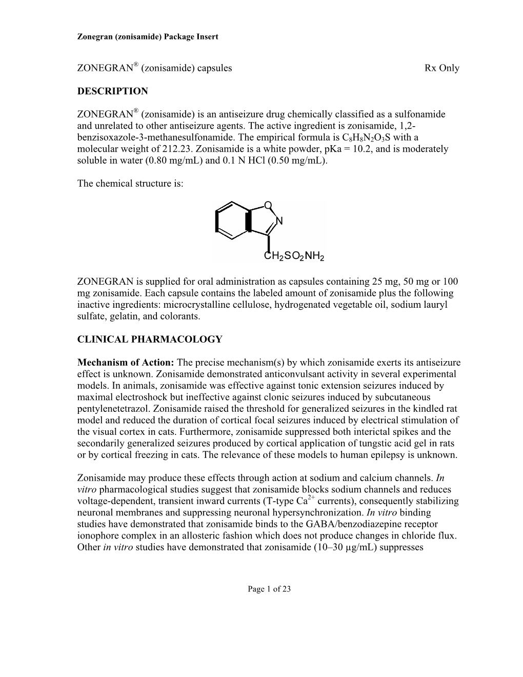 Zonegran (Zonisamide) Package Insert Page 1 of 23