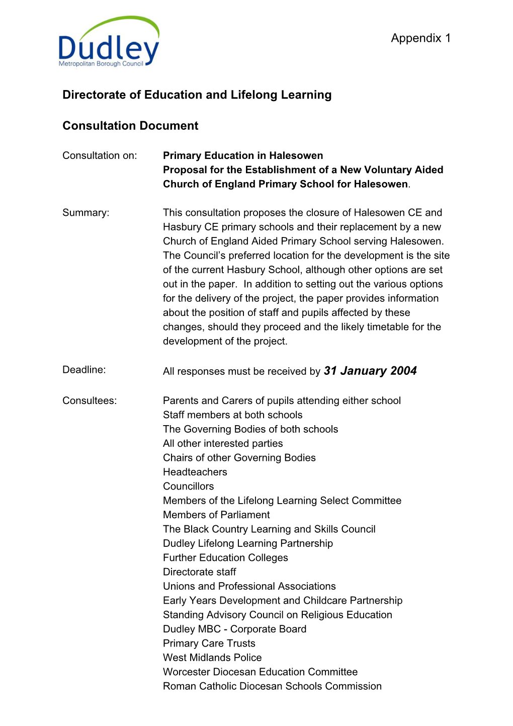 Appendix 1 Directorate of Education and Lifelong Learning Consultation