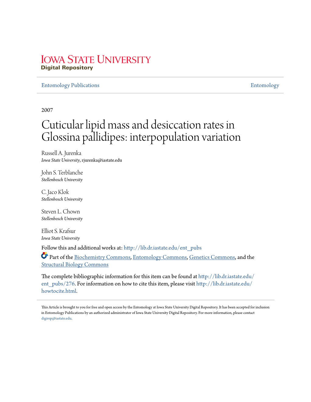 Cuticular Lipid Mass and Desiccation Rates in Glossina Pallidipes: Interpopulation Variation Russell A