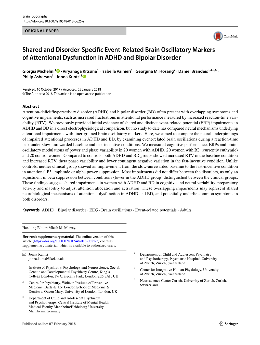 Shared and Disorder-Specific Event-Related Brain Oscillatory Markers of Attentional Dysfunction in ADHD and Bipolar Disorder