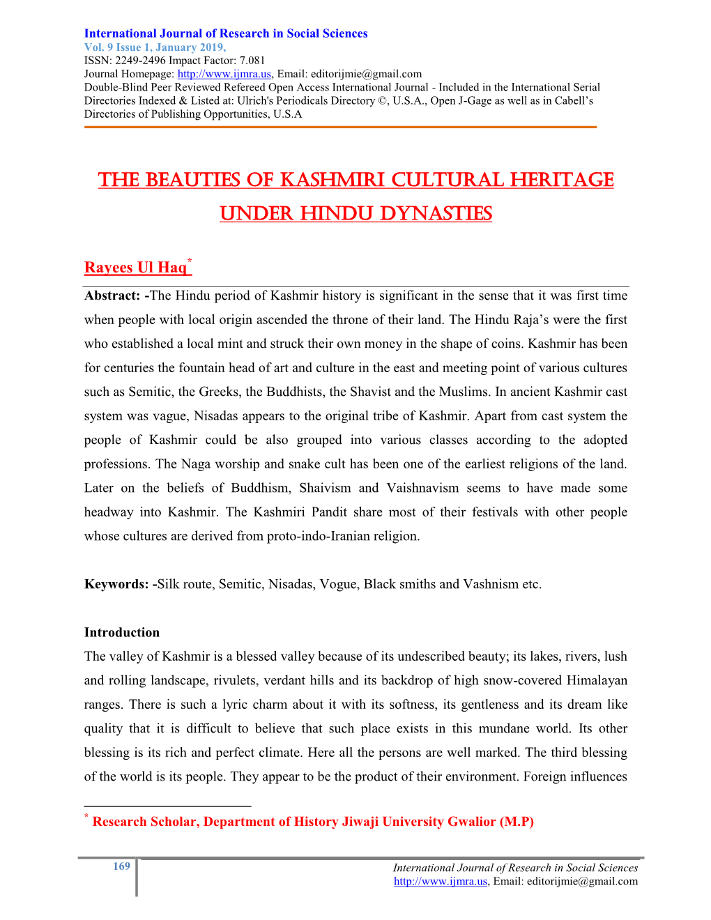 The Beauties of Kashmiri Cultural Heritage Under Hindu Dynasties