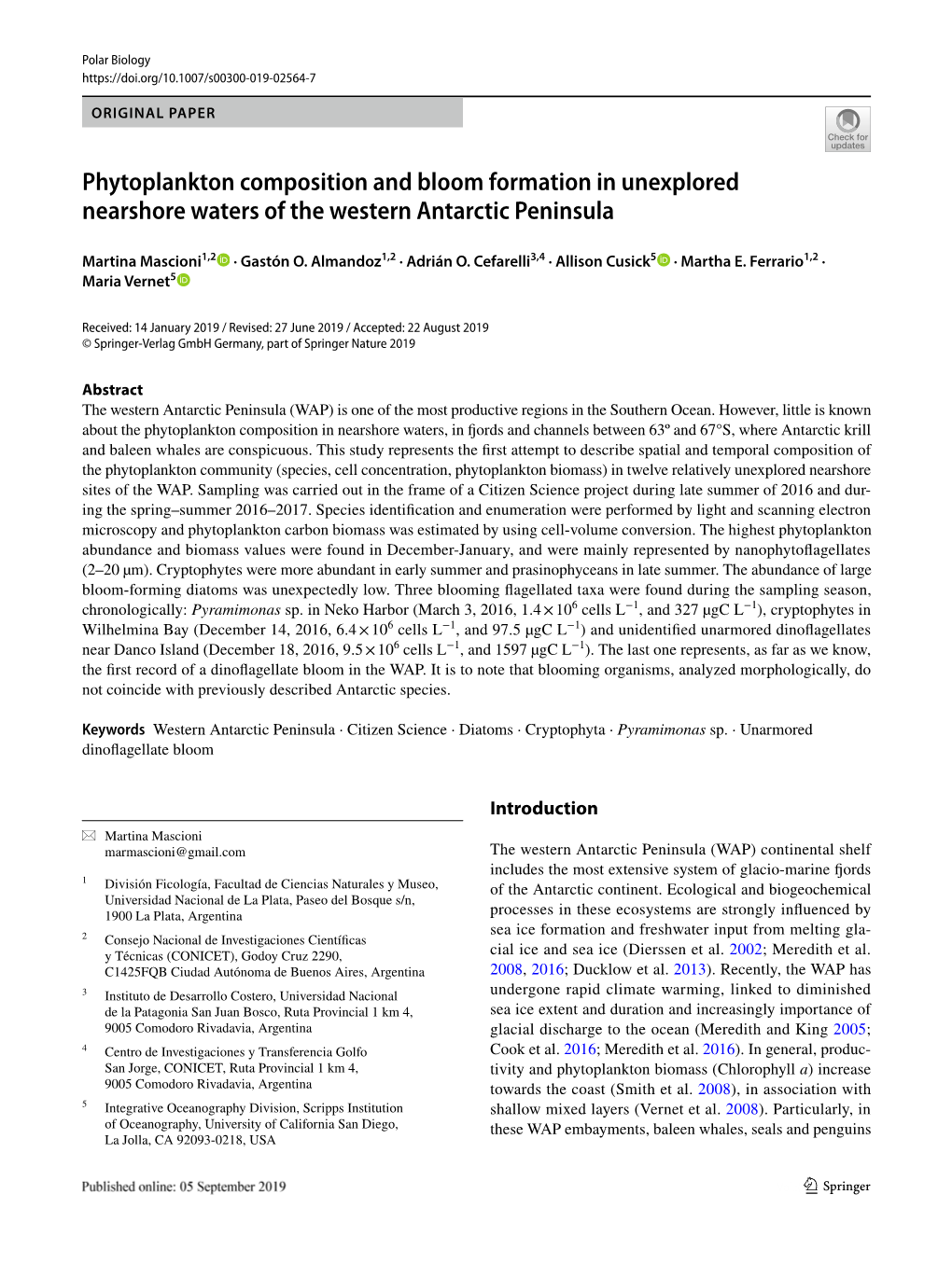 Phytoplankton Composition and Bloom Formation in Unexplored Nearshore Waters of the Western Antarctic Peninsula