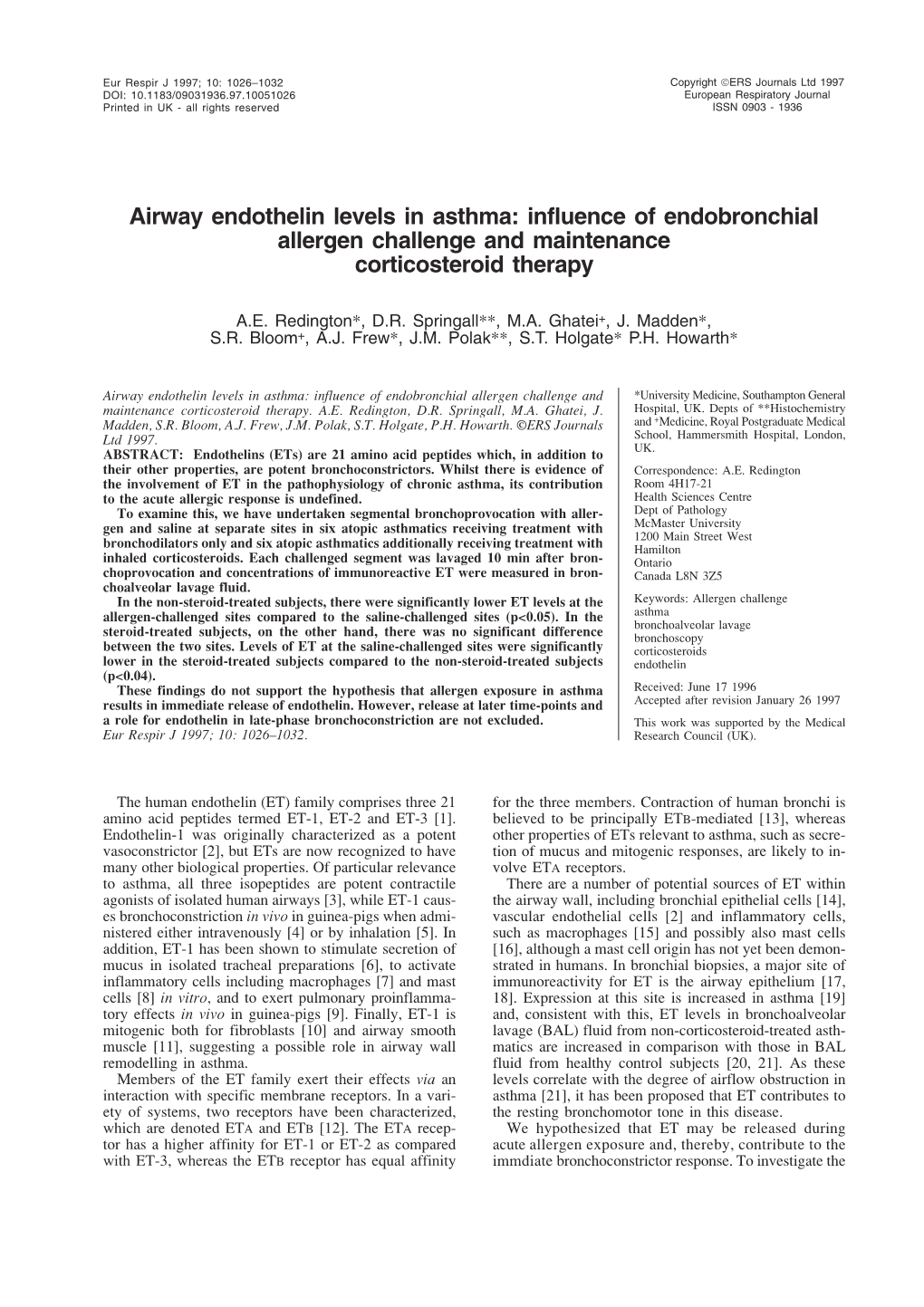 Airway Endothelin Levels in Asthma: Influence of Endobronchial Allergen Challenge and Maintenance Corticosteroid Therapy