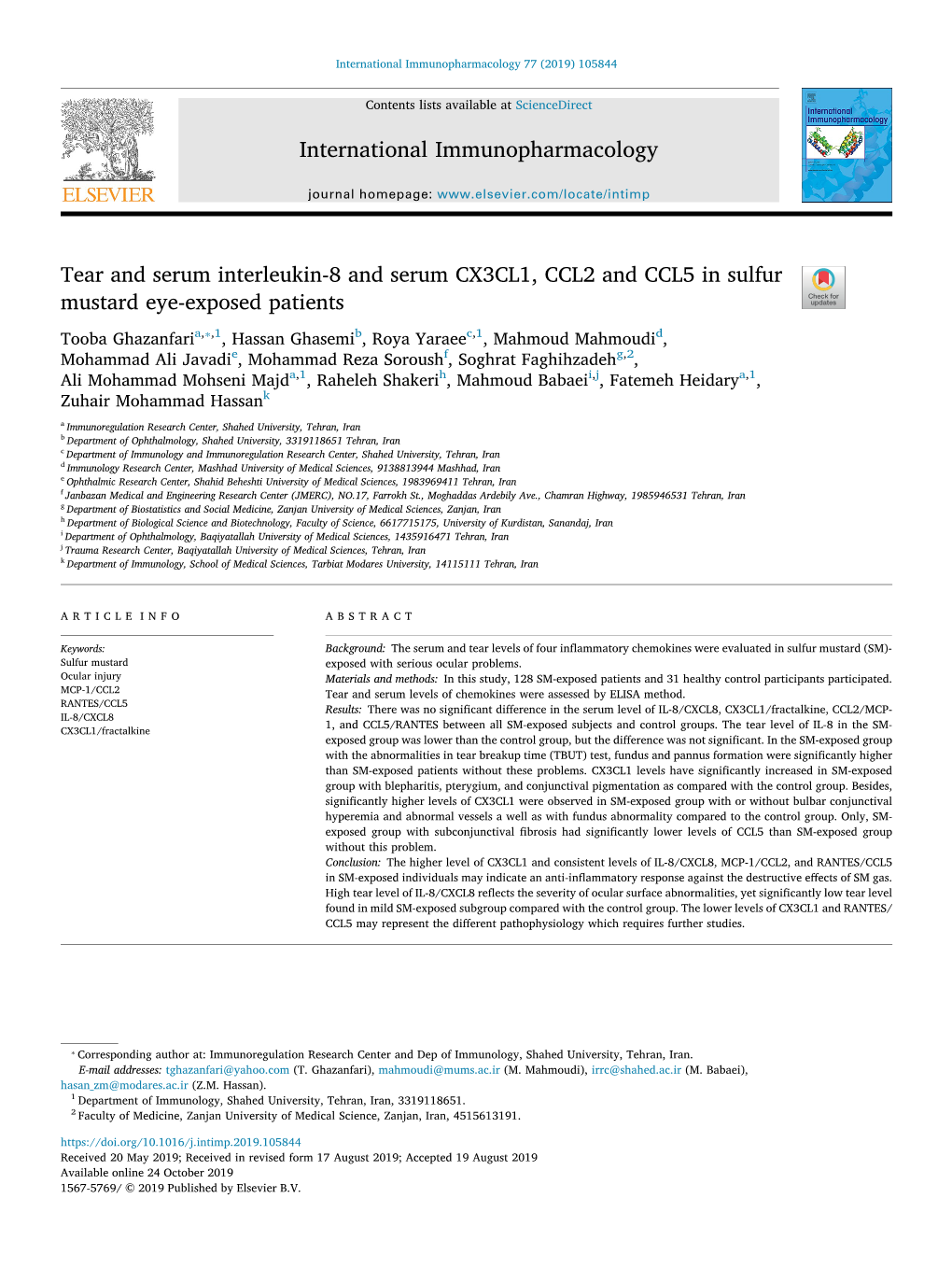 Tear and Serum Interleukin-8 and Serum CX3CL1, CCL2 and CCL5 in Sulfur Mustard Eye-Exposed Patients