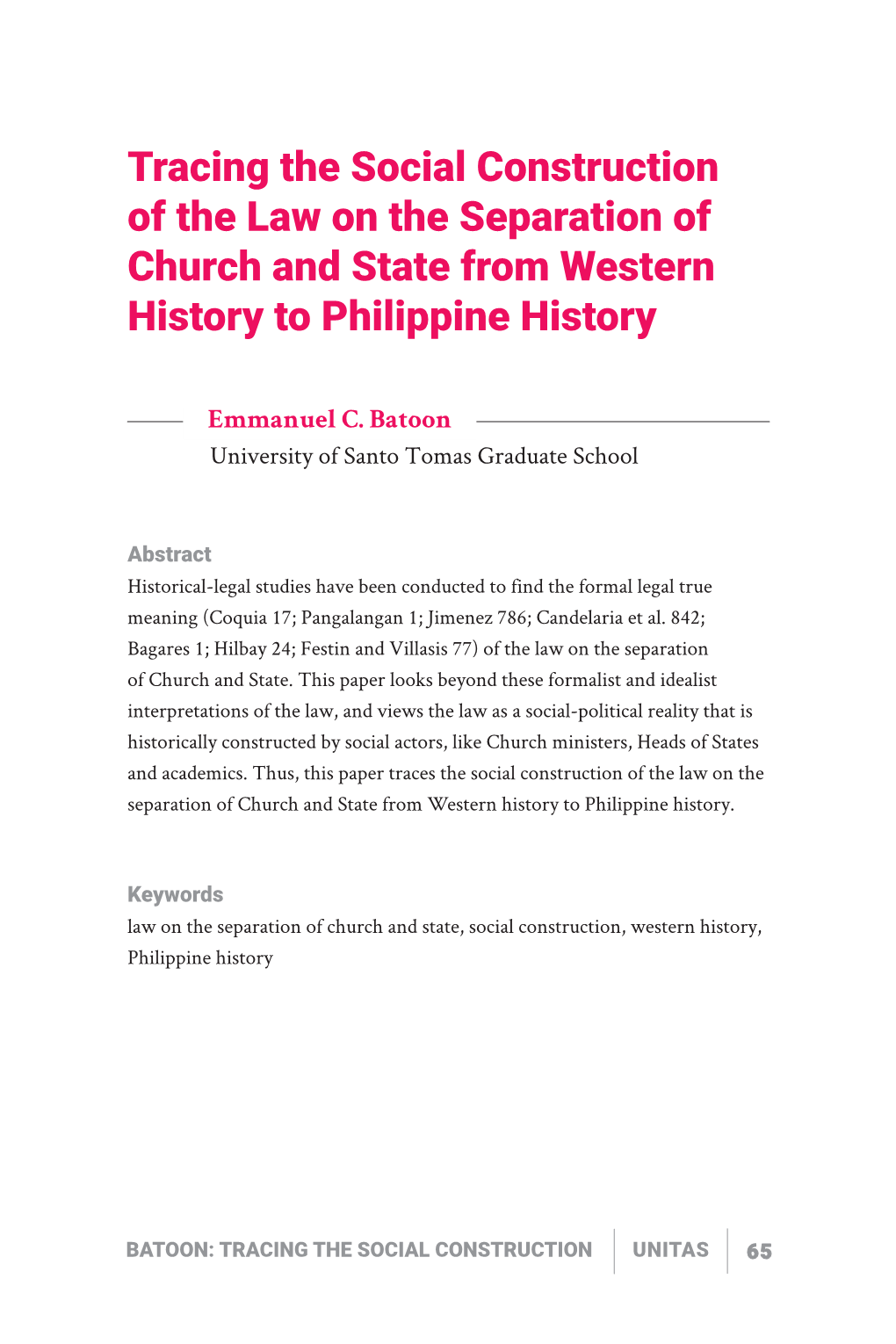 Tracing the Social Construction of the Law on the Separation of Church and State from Western History to Philippine History