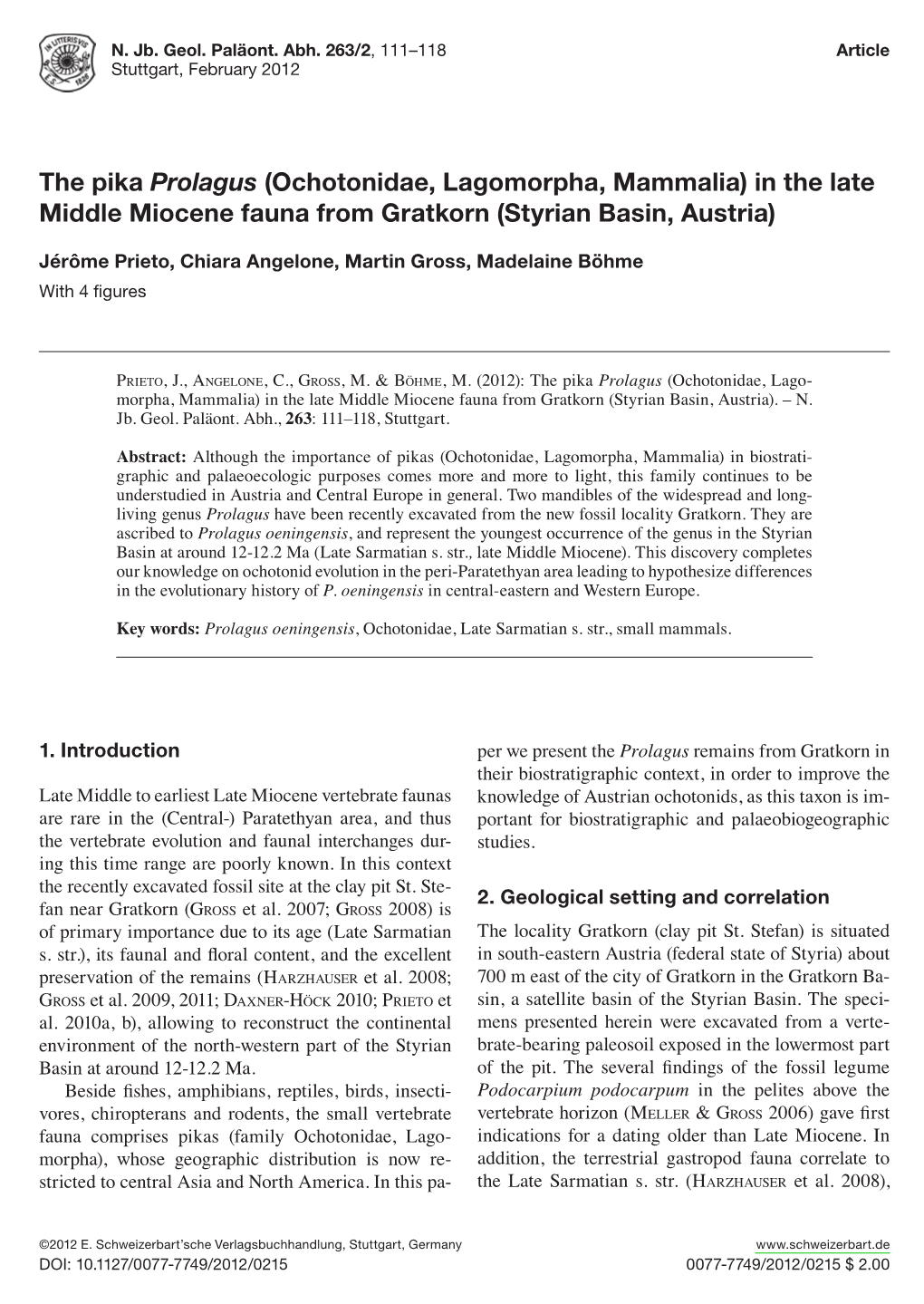 The Pika Prolagus (Ochotonidae, Lagomorpha, Mammalia) in the Late Middle Miocene Fauna from Gratkorn (Styrian Basin, Austria)