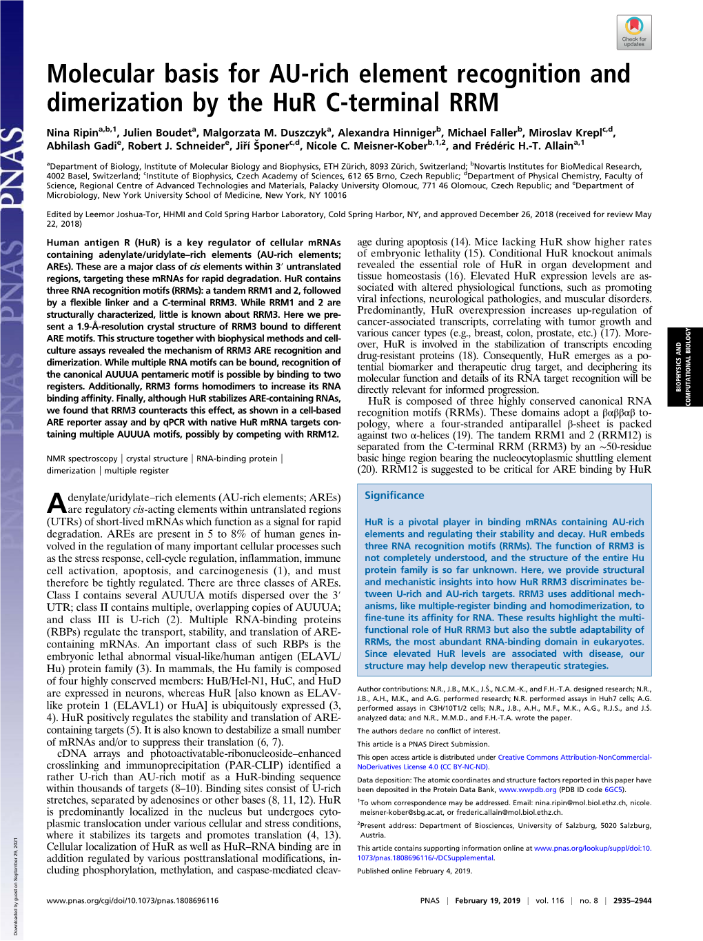 Molecular Basis for AU-Rich Element Recognition and Dimerization by the Hur C-Terminal RRM