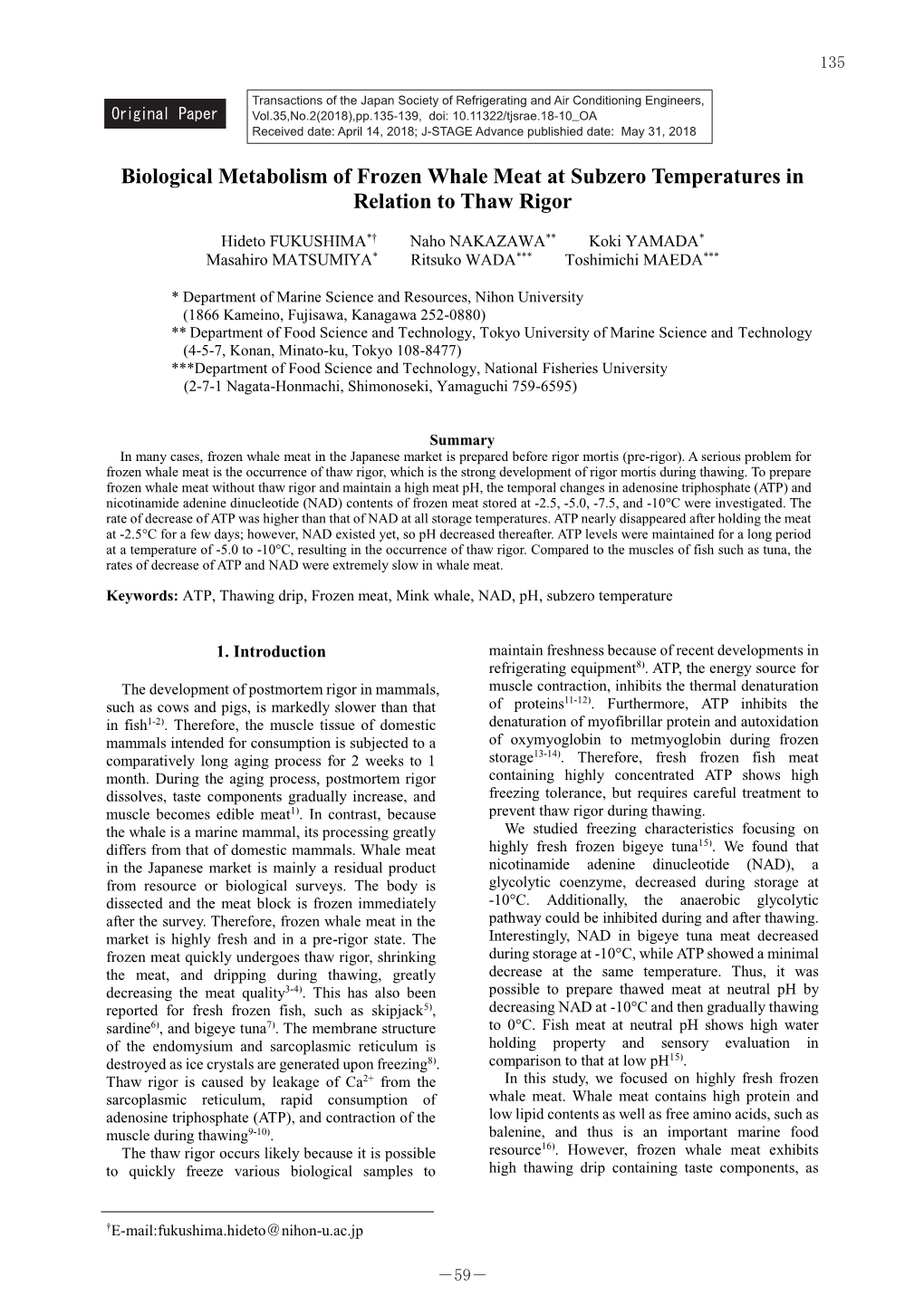 Biological Metabolism of Frozen Whale Meat at Subzero Temperatures in Relation to Thaw Rigor