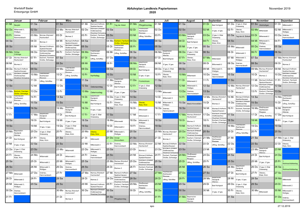 Abfuhrplan Landkreis Papiertonnen 2020 November 2019
