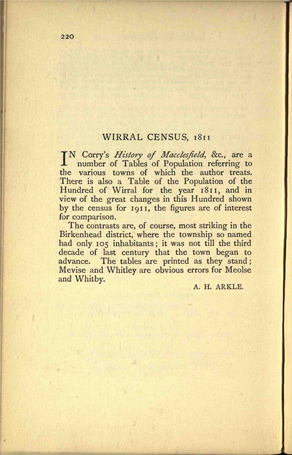 WIRRAL CENSUS, 1811 N Corry's History of Macclesfield, &C., Are a I Number of Tables of Population Referring to the Various Towns of Which the Author Treats