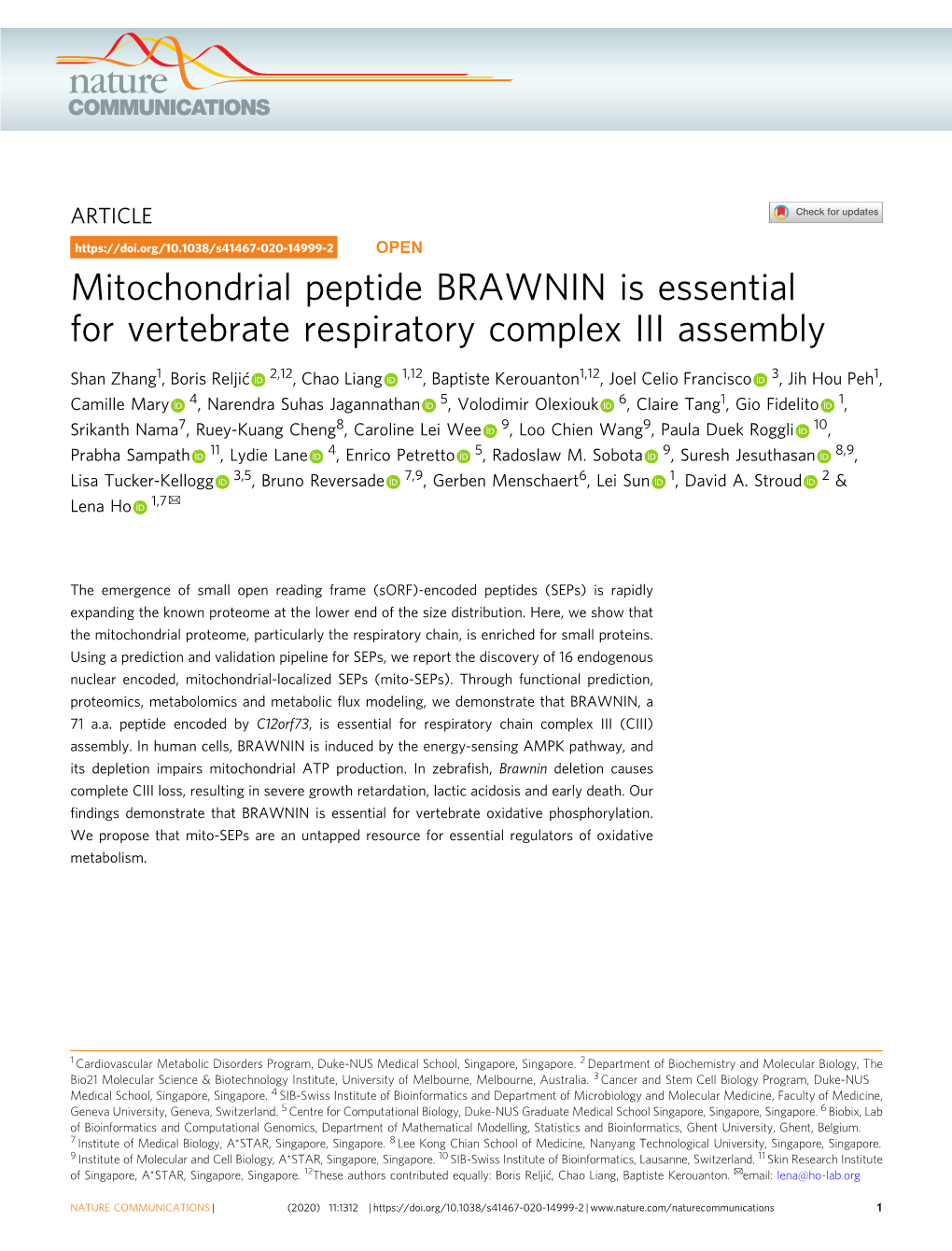 Mitochondrial Peptide BRAWNIN Is Essential for Vertebrate Respiratory Complex III Assembly