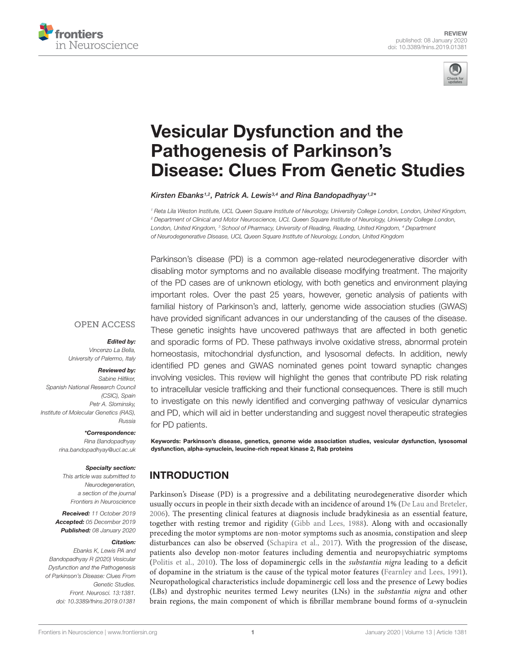 Vesicular Dysfunction and the Pathogenesis of Parkinson's Disease