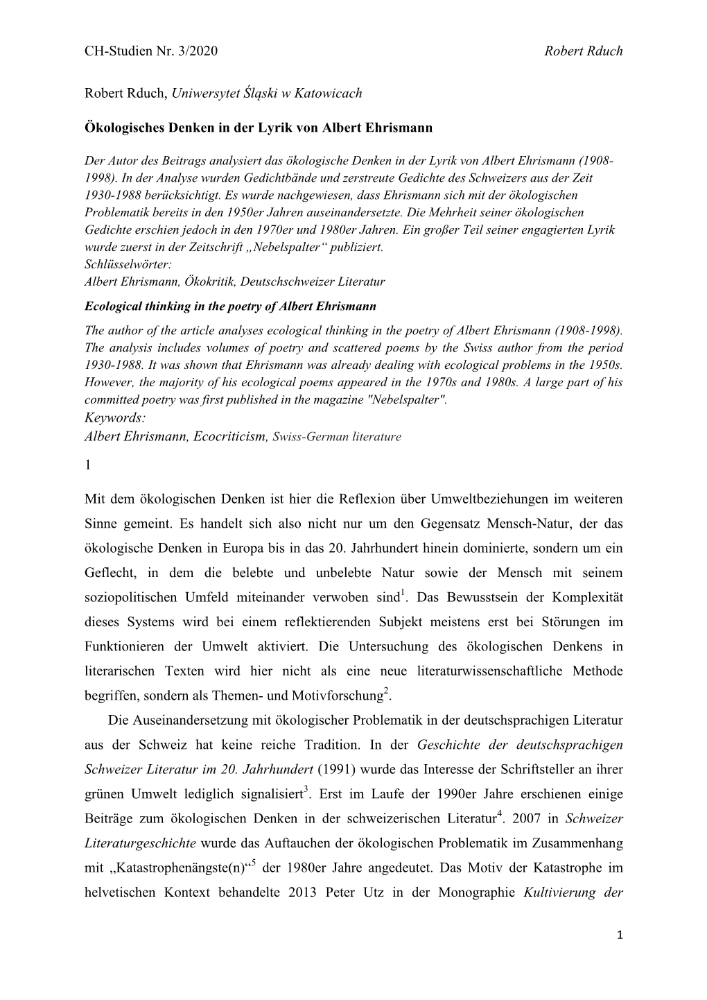 CH-Studien Nr. 3/2020 Robert Rduch Robert Rduch, Uniwersytet Śląski W Katowicach Ökologisches Denken in Der Lyrik Von Albert