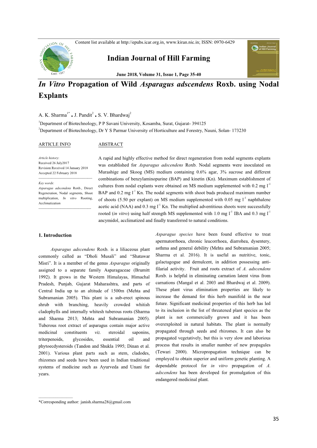 In Vitro Propagation of Wild Asparagus Adscendens Roxb. Using Nodal Explants