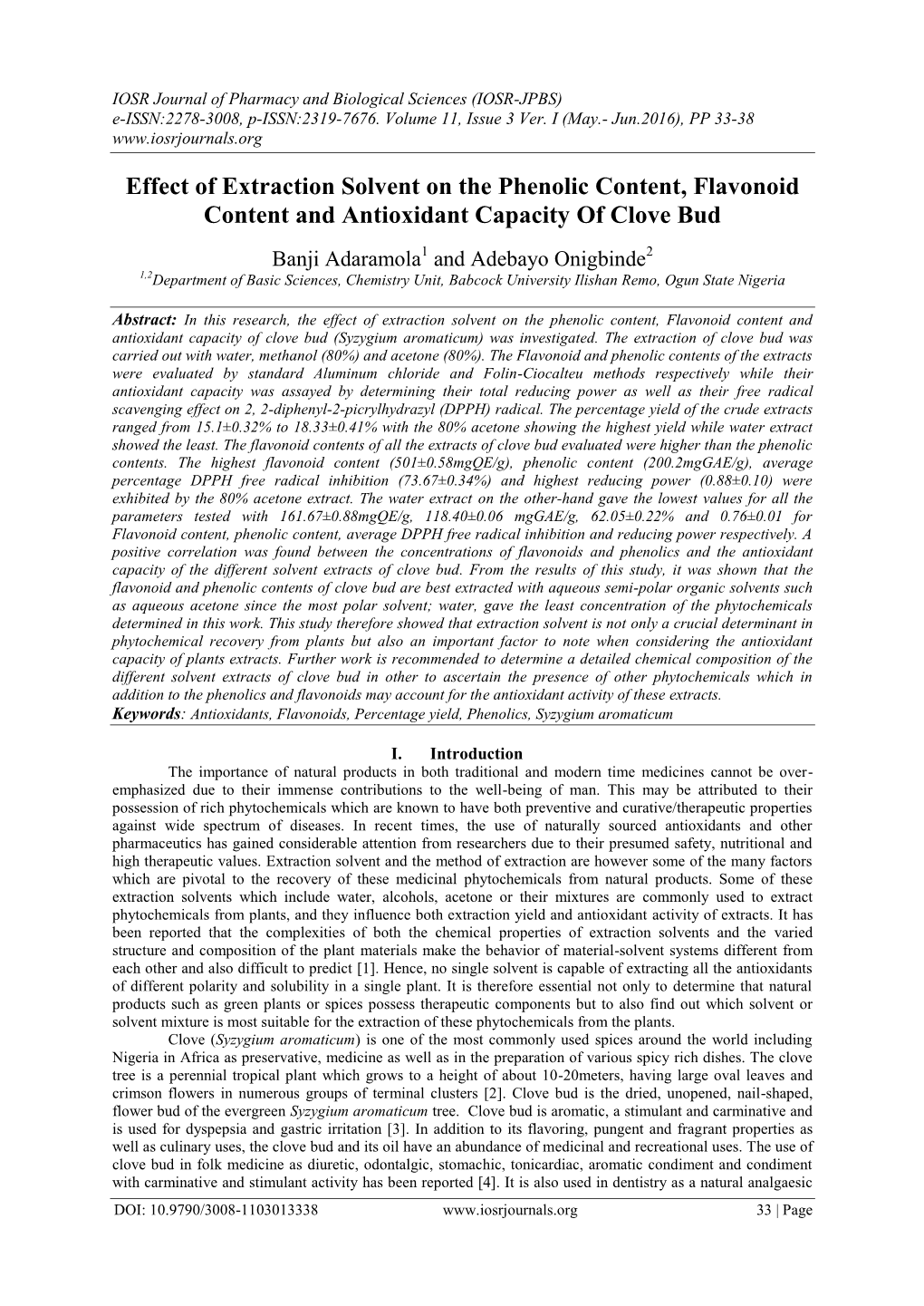 Effect of Extraction Solvent on the Phenolic Content, Flavonoid Content and Antioxidant Capacity of Clove Bud