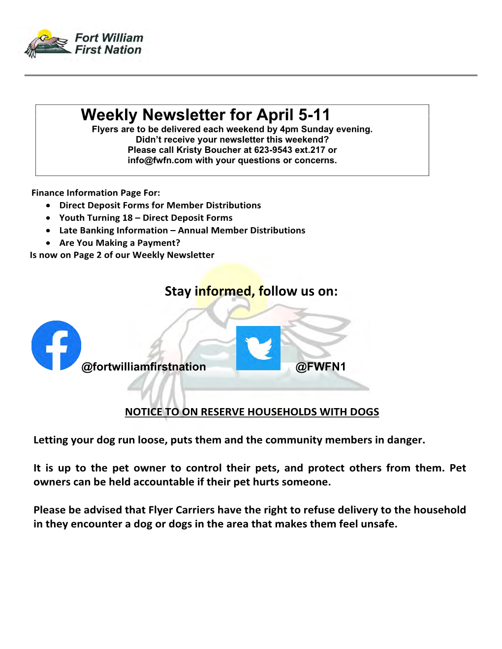 Weekly Newsletter for April 5-11 Flyers Are to Be Delivered Each Weekend by 4Pm Sunday Evening